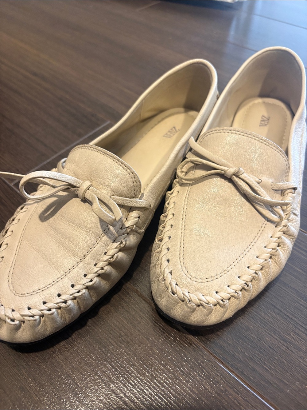 Zara Cream Leather Moc Toe Driving Loafers